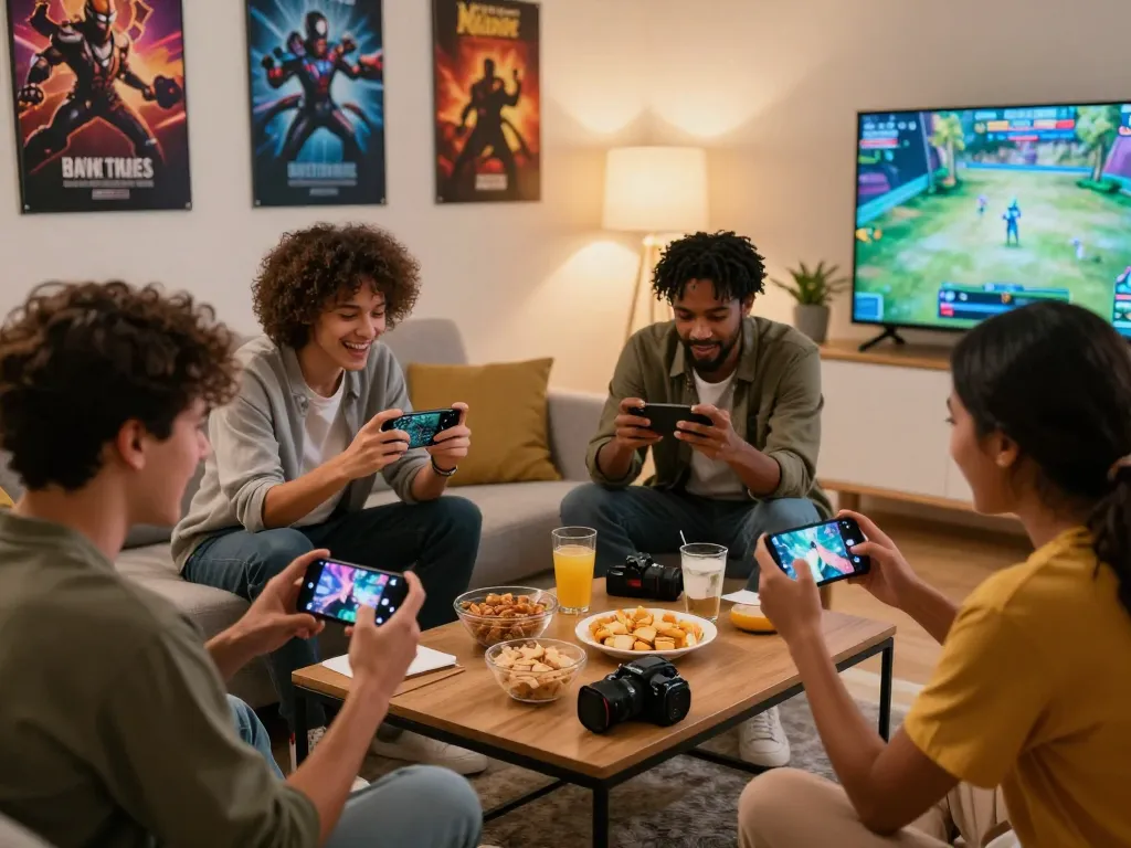 Friends enjoying mobile gameplay while tải go88 at a cozy living room.