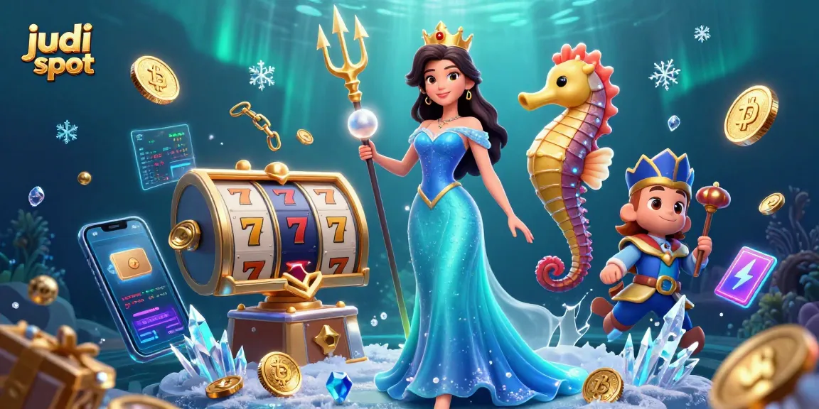 Engage in judi slot excitement with an enchanting scene featuring treasures, glowing pearls, and vibrant slot elements.