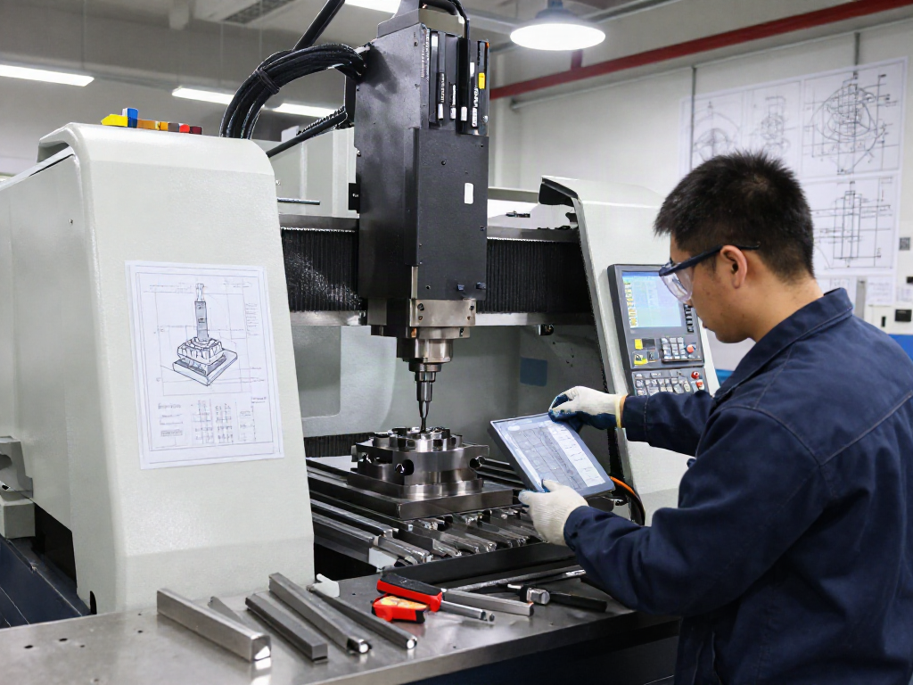 CNC machining parts being processed by a skilled technician in a professional manufacturing workshop.