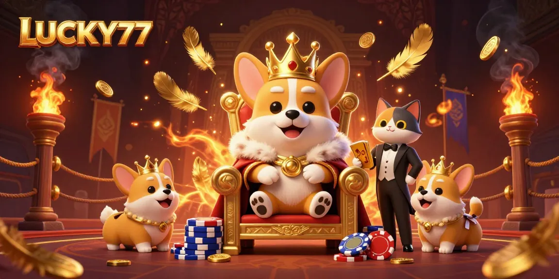 Experience the thrill of LUCKY77 with charming corgis showcasing a vibrant casino adventure.