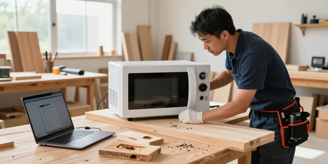 Technician using Shashel microwave equipment for pest elimination in a workshop setting.