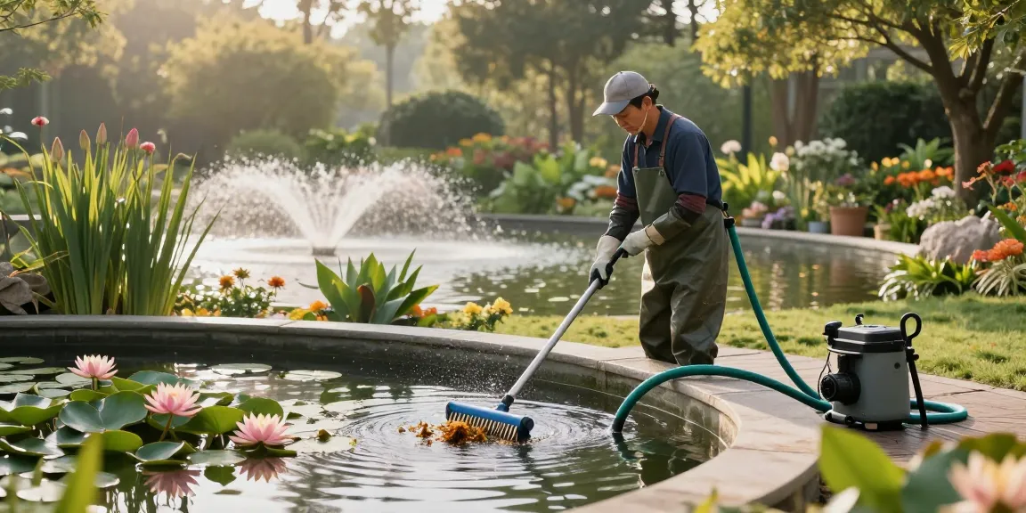 Pond Clean London service professional removing debris from a garden pond in serene outdoor setting.