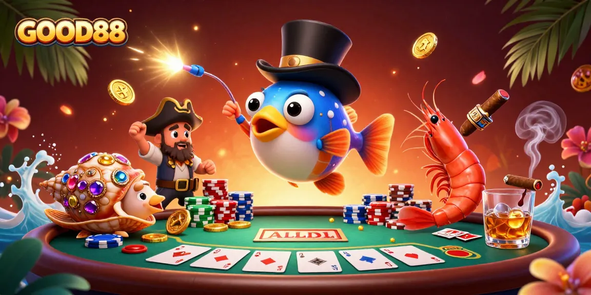 Experience the thrill of GOOD88 with a colorful 3D casino scene featuring vibrant characters and dynamic poker elements.