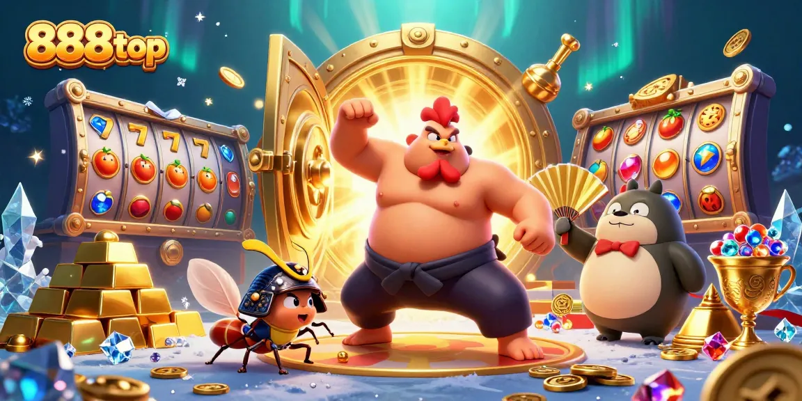 Engage with 888top's exciting gambling scene featuring vibrant characters, gold treasures, and slot game elements.