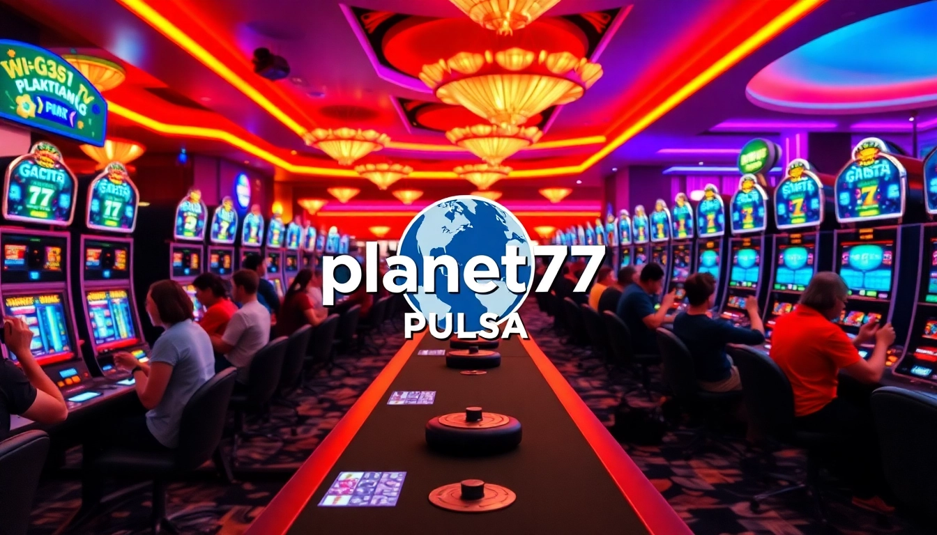 Mainkan Planet77 Pulsa dengan suasana kasino meriah penuh pemain di mesin slot.