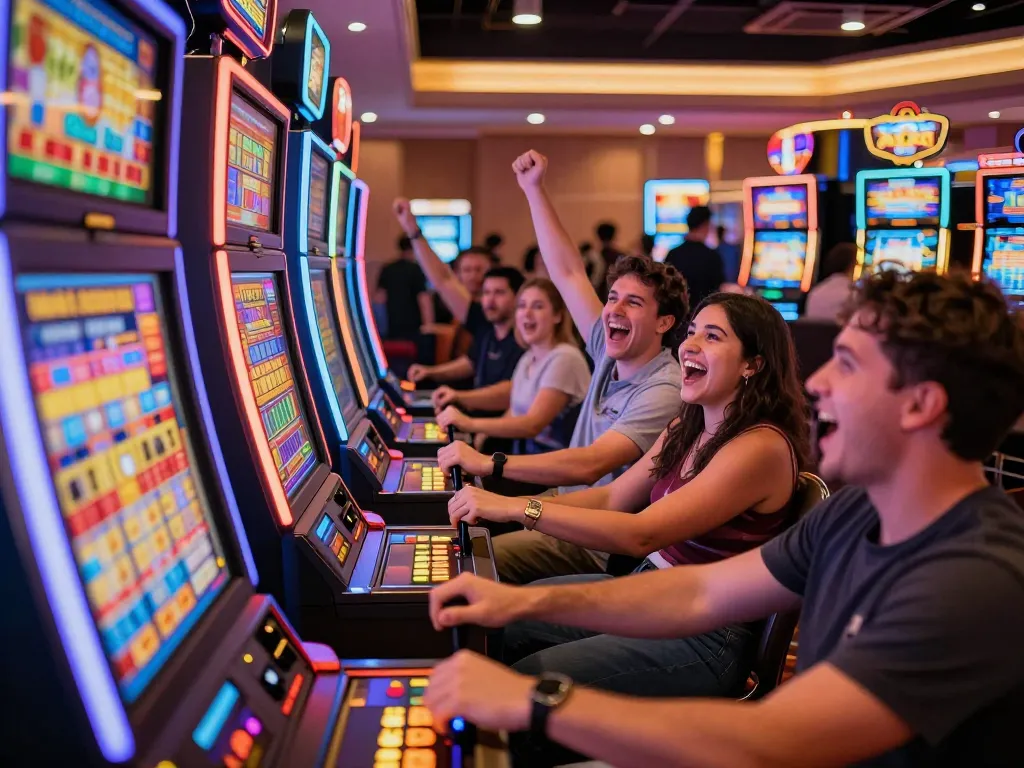 FAFA 828 players interacting with colorful slot machines in a lively casino atmosphere.