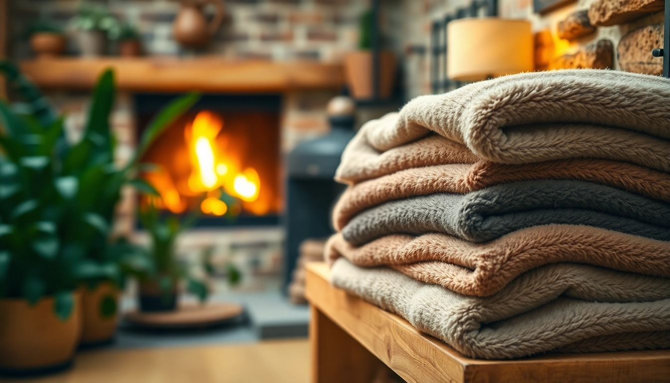 Fleece dekens gestapeld op een houten plank met een warme sfeer.