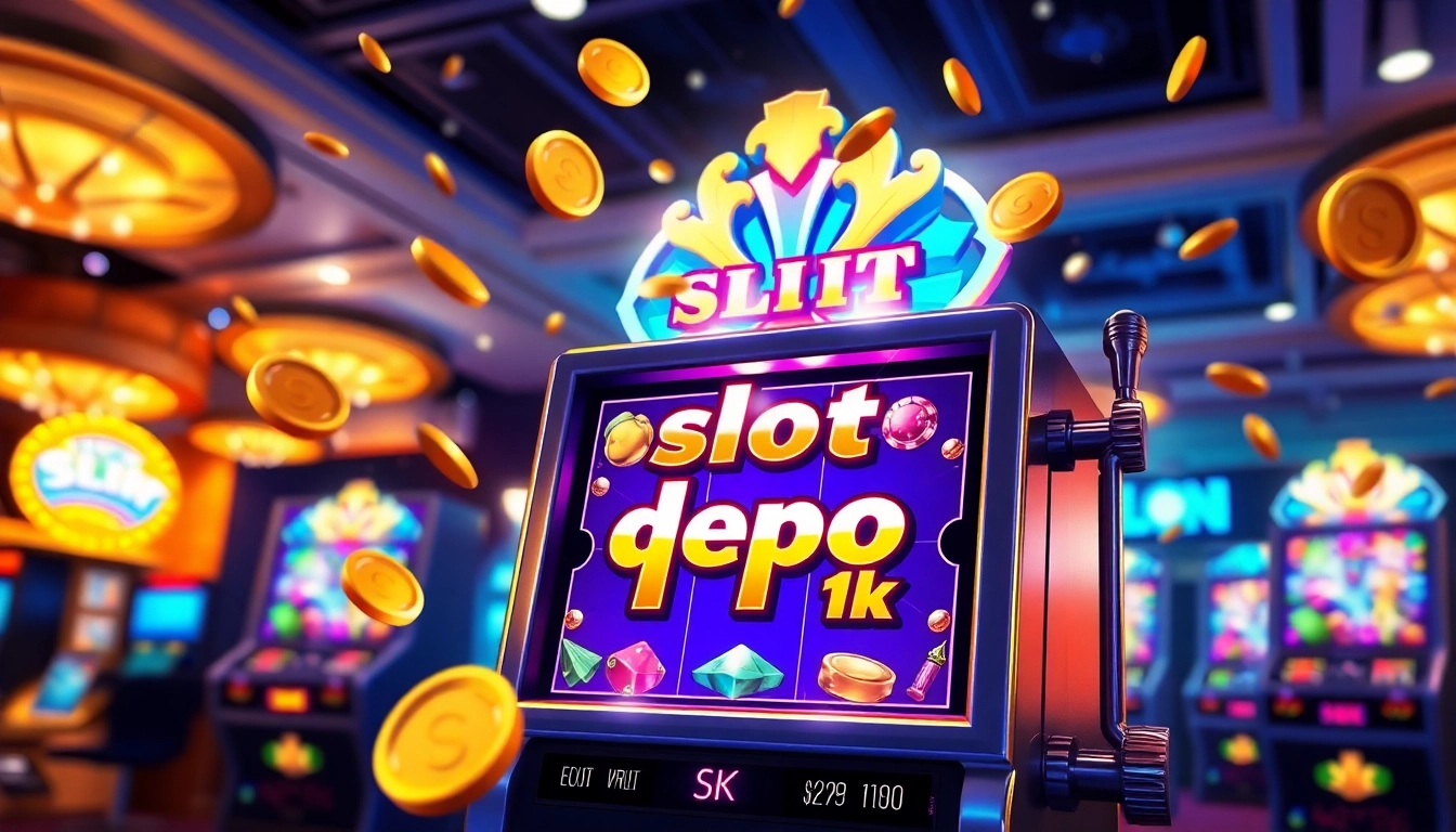 Menangkan permainan slot depo 1k dengan antarmuka mesin slot yang berwarna-warni dan koin yang terbang.
