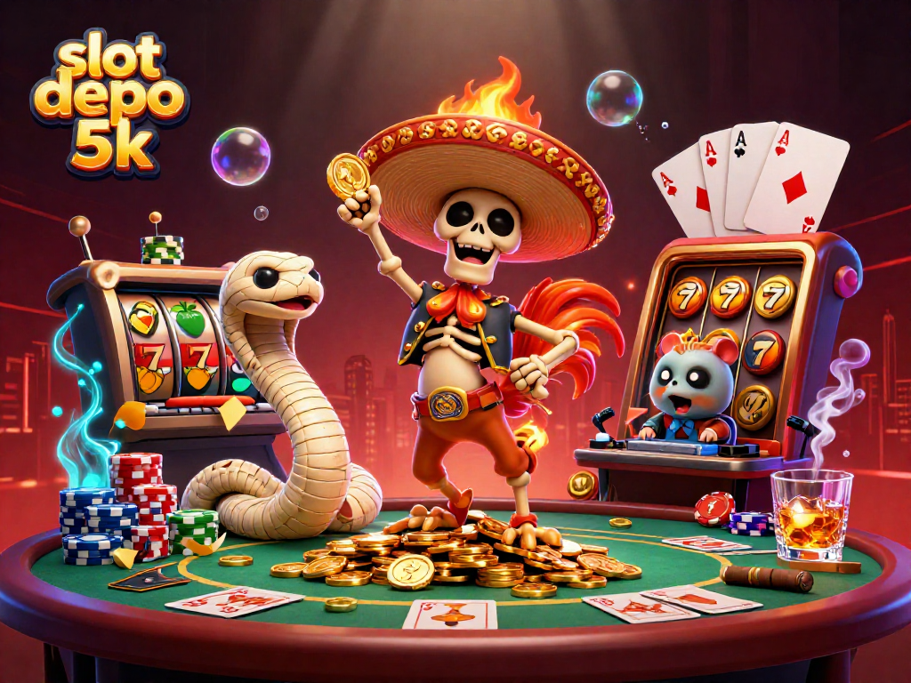 Experience the excitement of slot depo 5k in this vibrant casino scene with unique characters.
