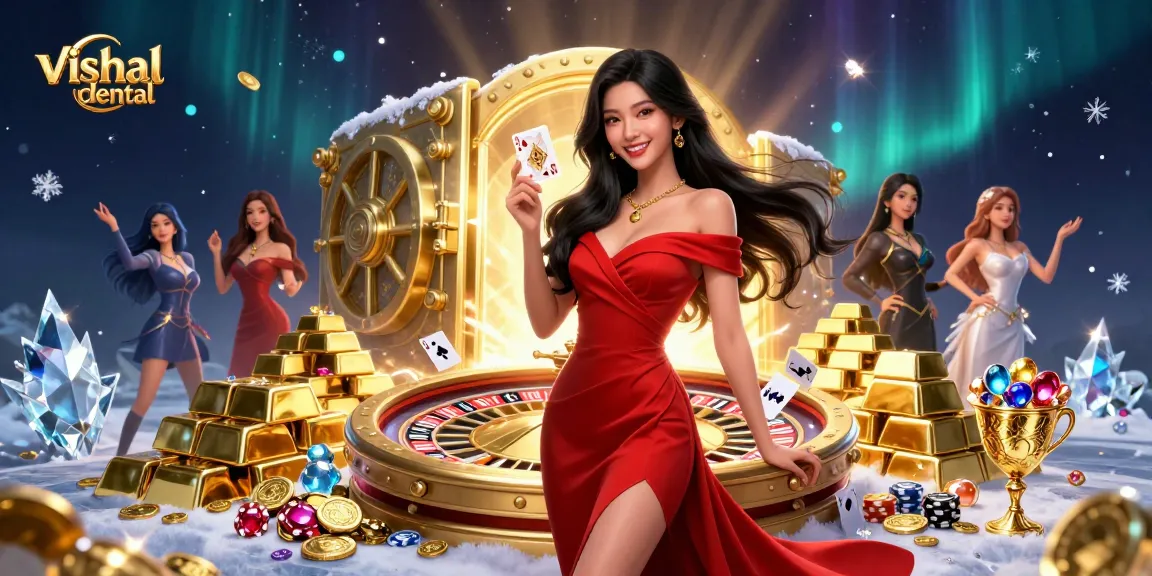 Experience excitement at vishaldental casino with a stunning woman holding a golden card next to a roulette wheel.