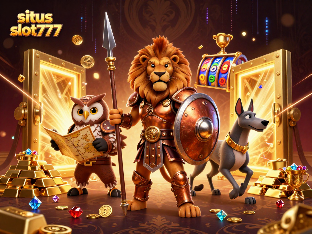 Spark your luck at situs slot777 in this vibrant, engaging illustration showcasing heroic characters and casino treasures.