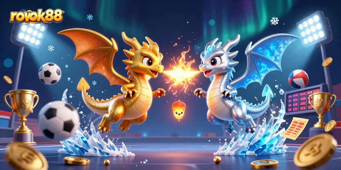 Engage with rokok88's electrifying gaming scene featuring gold and silver dragons battling.