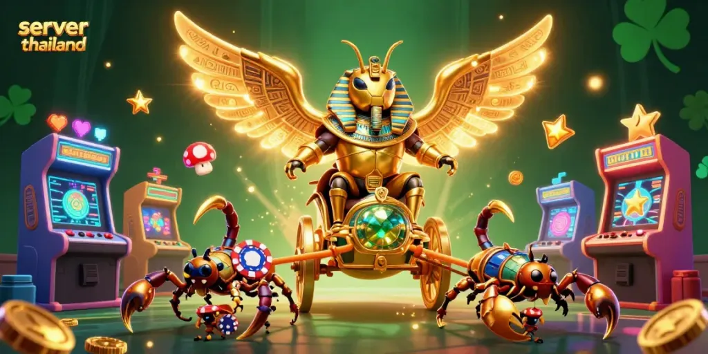 Spin big with server thailand in this vibrant 3D casino scene featuring golden elements.