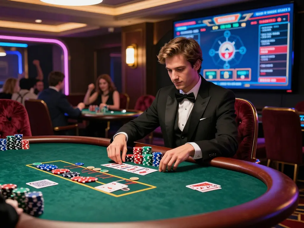 Gamer immersed in high-stakes poker at casino hubet88, showcasing a vibrant and luxurious online gambling experience.