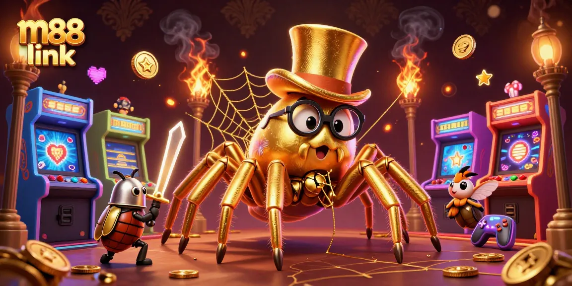 Engage with m88 link in this vibrant casino-themed illustration showcasing a golden tarantula and a brave beetle knight.