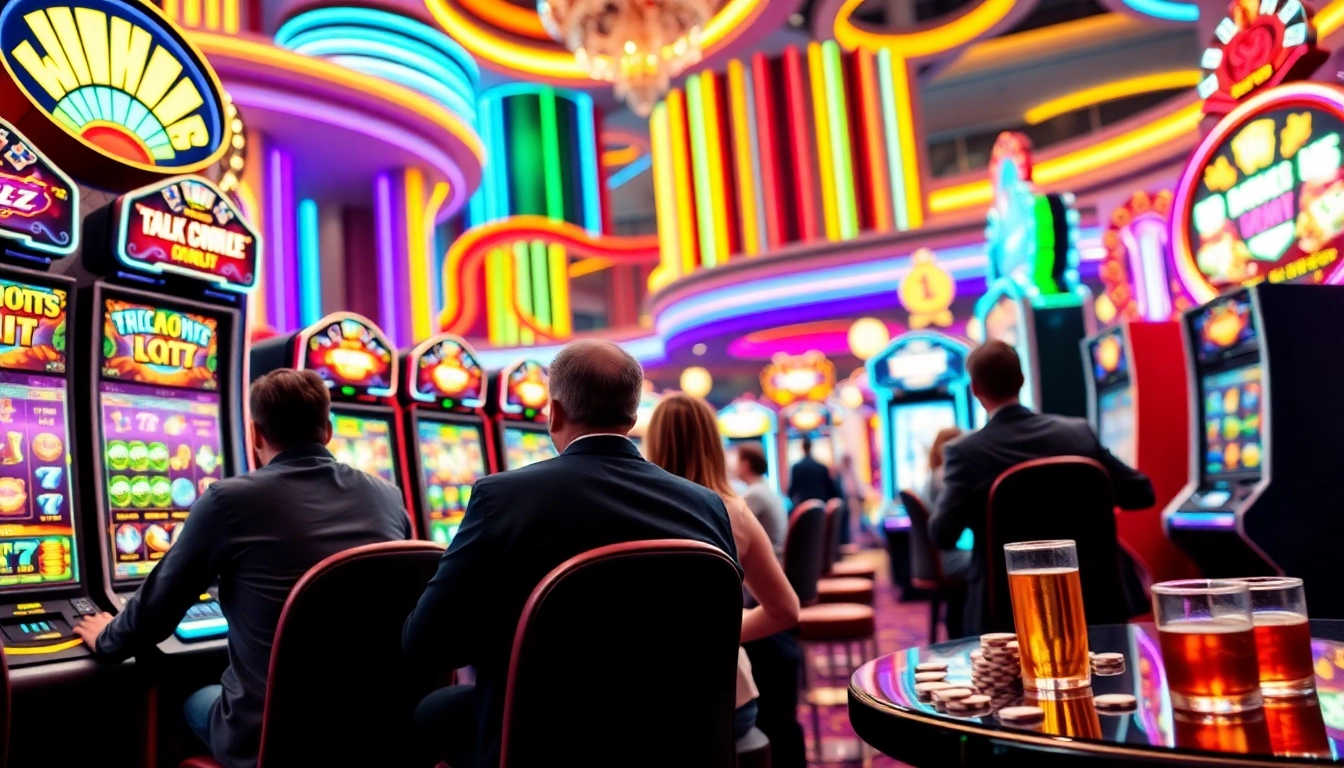 Permainan slot online yang mengasyikkan di kasino modern dengan cahaya cerah dan pemain yang antusias.