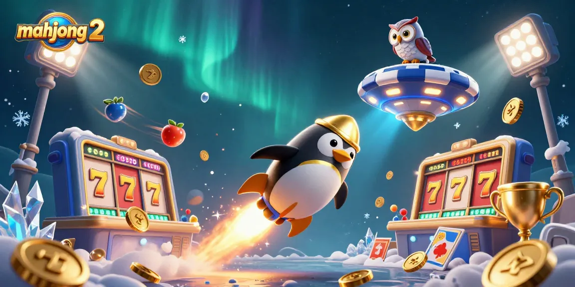 Experience thrilling gameplay with mahjong 2 as a golden penguin navigates through a vibrant casino space scene.