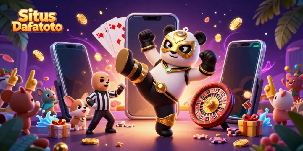 Gambaran Situs Dafatoto saat bermain judi dengan karakter panda pemukul dalam gulat yang dinamis.