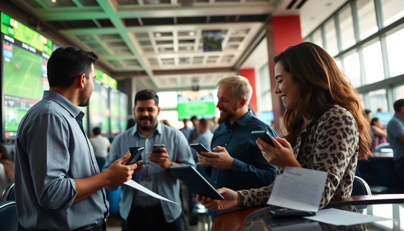 Bettors engaging in online sports betting Oklahoma with mobile devices in a lively casino environment.