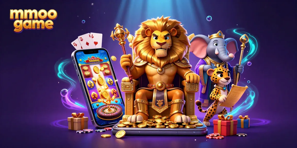 Engage in exciting mmoo game action with a majestic lion king and vibrant casino elements.