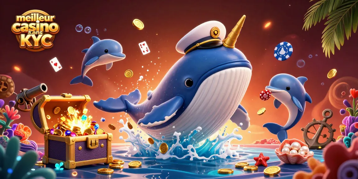 Profitez de l'expérience du meilleur casino sans KYC avec une illustration mettant en scène une baleine et des dauphins joyeux.