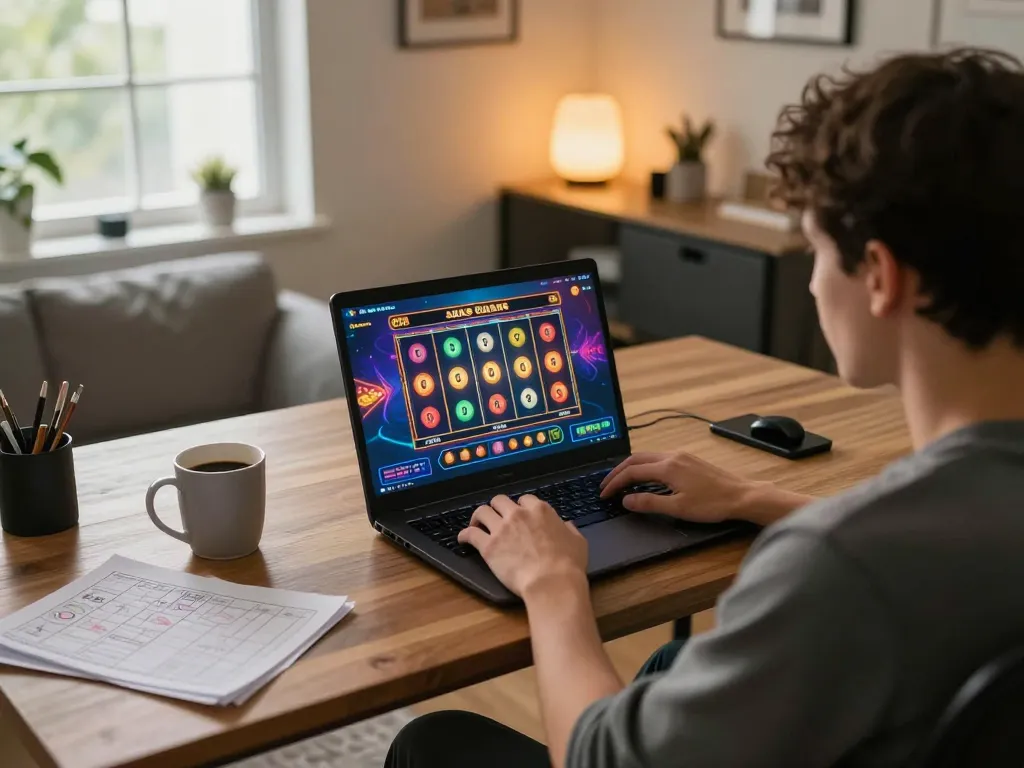 Engaged player spinning reels on a situs slot gacor platform from a cozy home setup.
