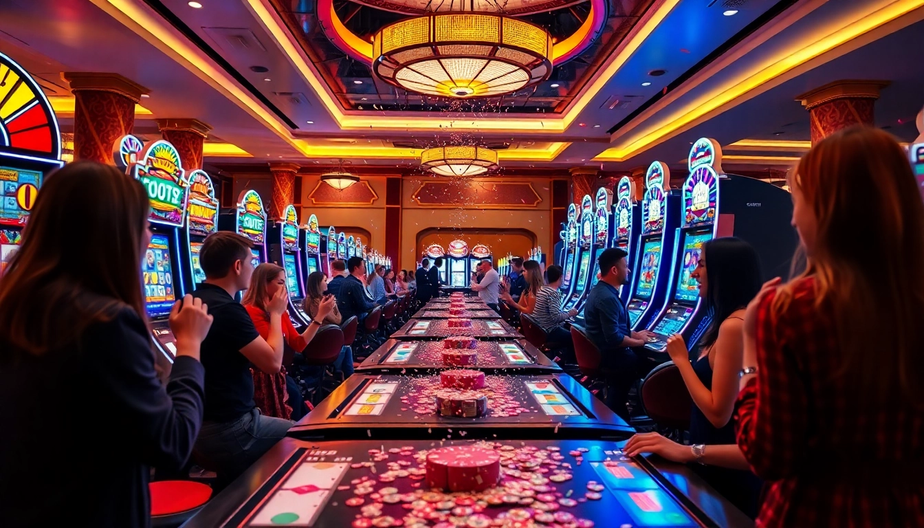 Menangkan slot online di kasino dengan mesin berwarna cerah dan pemain merayakan kemenangan.
