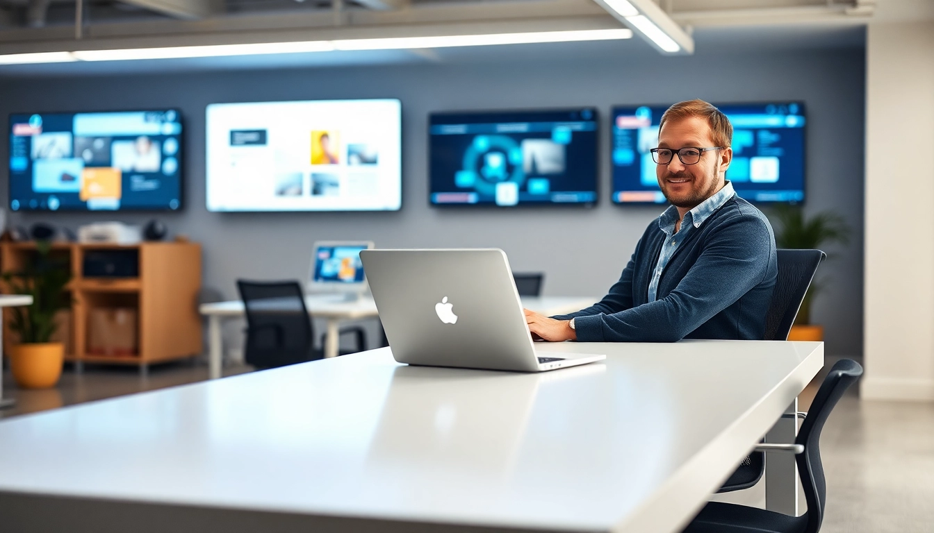 Marcel Hüsig bei der Arbeit in einer Webdesign-Agentur mit modernen Designs im Hintergrund.