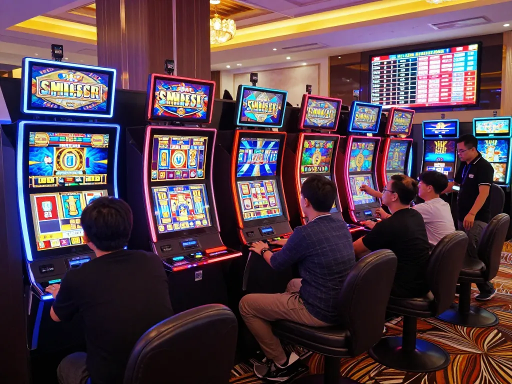 Suasana kasino yang mendebarkan dengan pemain yang menikmati permainan slot gacor hari ini di mesin berwarna-warni.