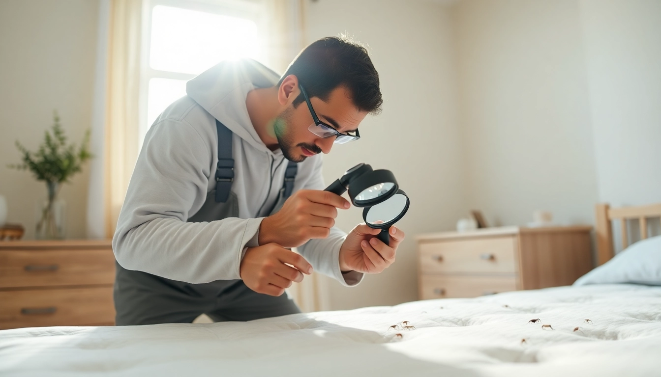 Professional exterminator inspecting a bedroom for bed bugs with a bed bug company near me focus.