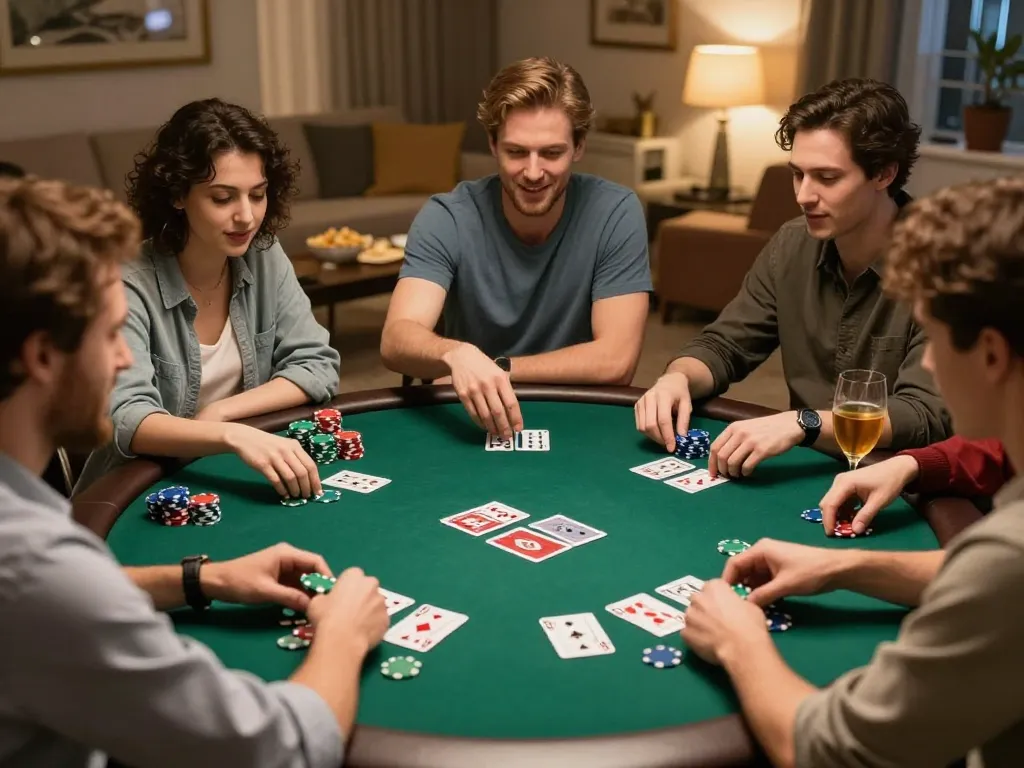 Gathering for a fun poker night at home, players engaged in a situs slot gacor game.