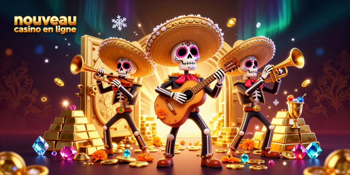 Découvrez les nouveaux casinos en ligne avec une animation colorée des squelettes mariachi et trésors scintillants.