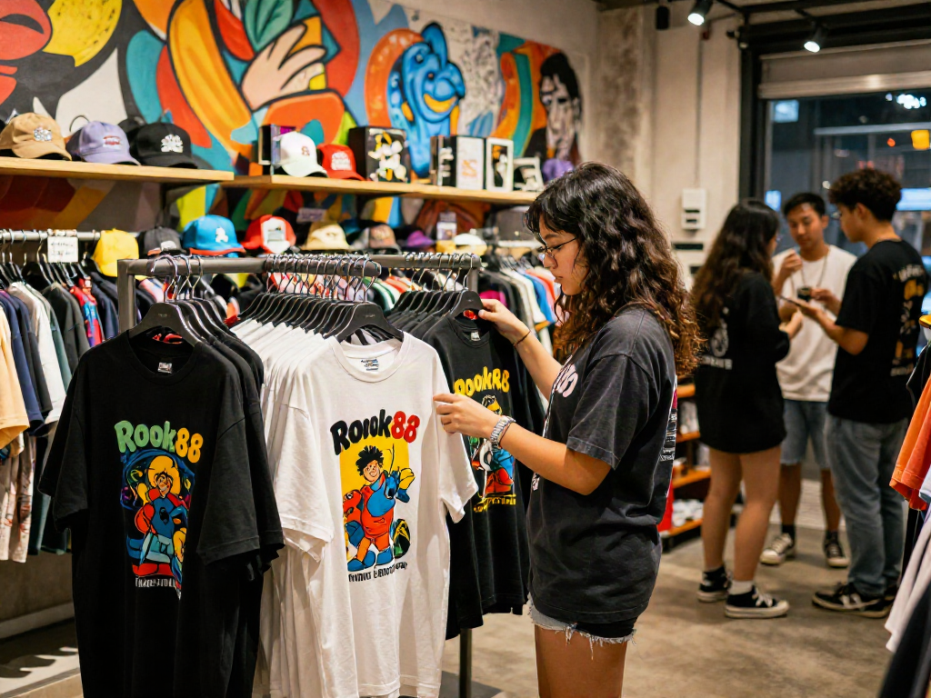 Shopping for exclusive rokok88 merchandise in a trendy urban boutique with vibrant designs and stylish apparel.