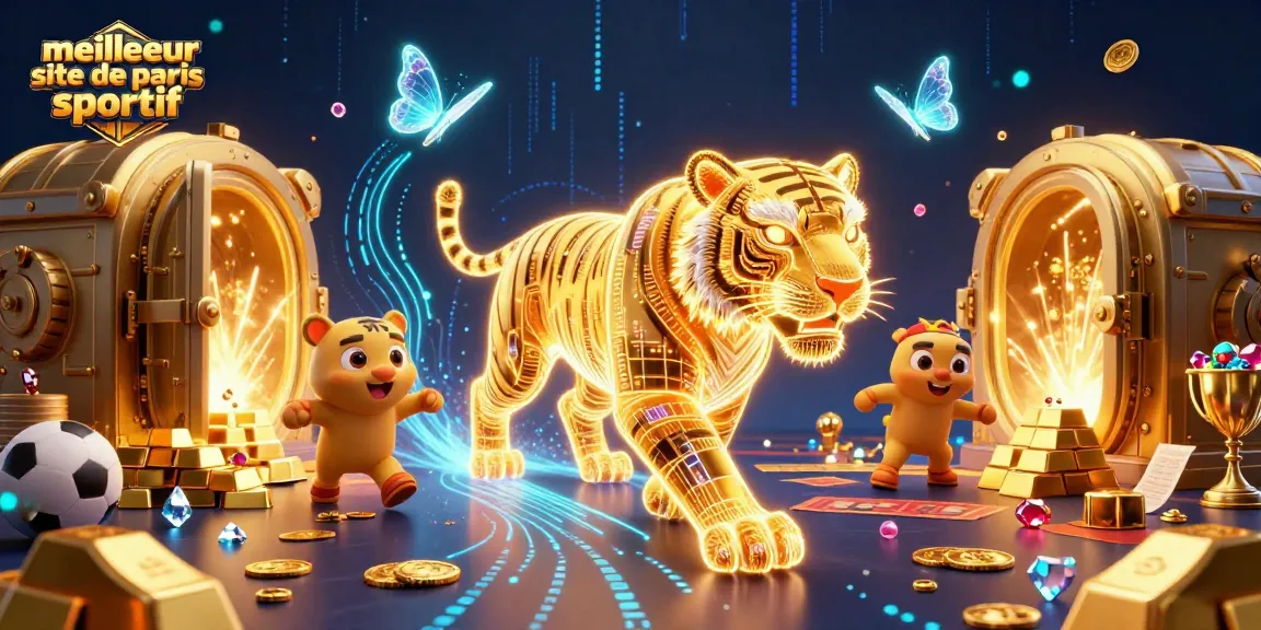 Visualisez le meilleur site de paris sportif avec un tigre lumineux et des symboles de sport dans un casino numérique.