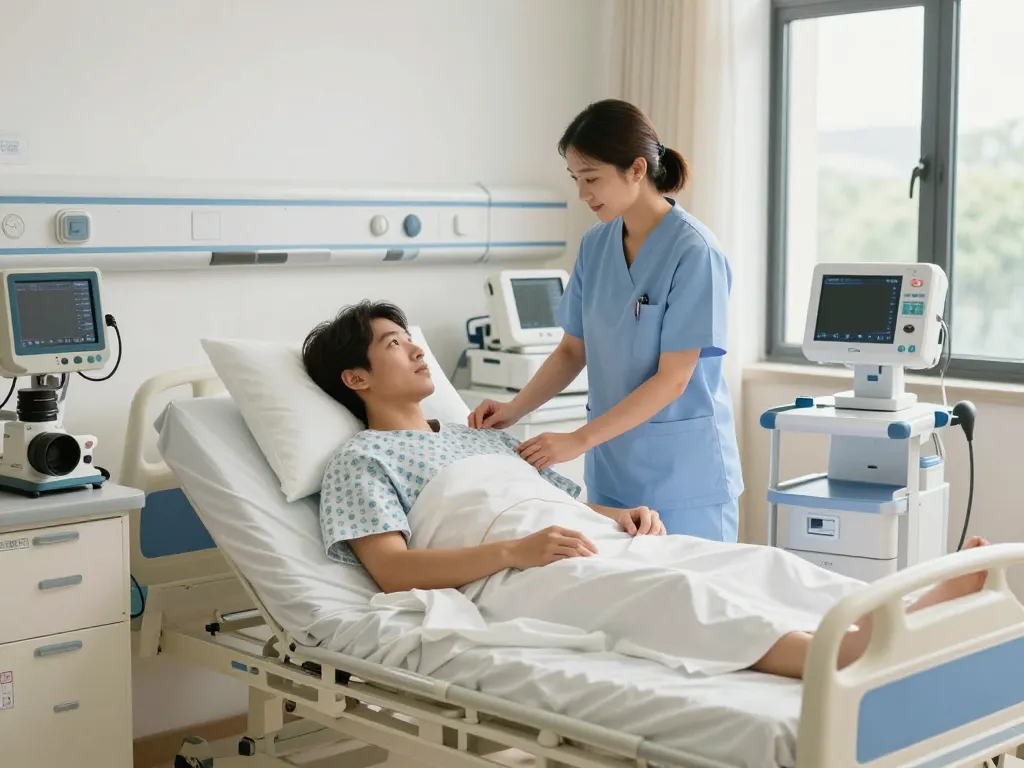 Patient using giường bệnh nhân in a bright hospital room with nurse providing care.