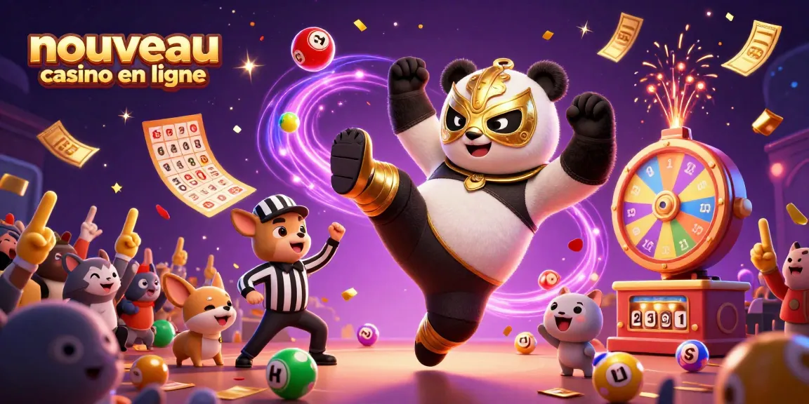 Découvrez l'univers du nouveau casino en ligne avec un panda sportif et divers éléments de jeu captivants.