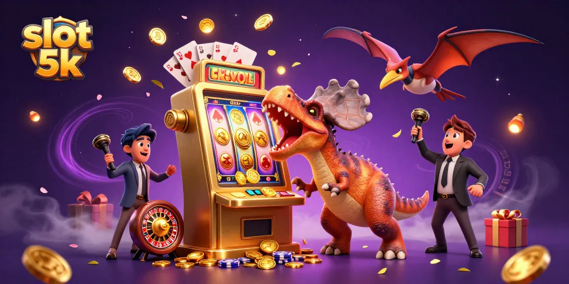 Experience the excitement of slot 5k with a colorful depiction of a dino jackpot frenzy, capturing animated casino action.