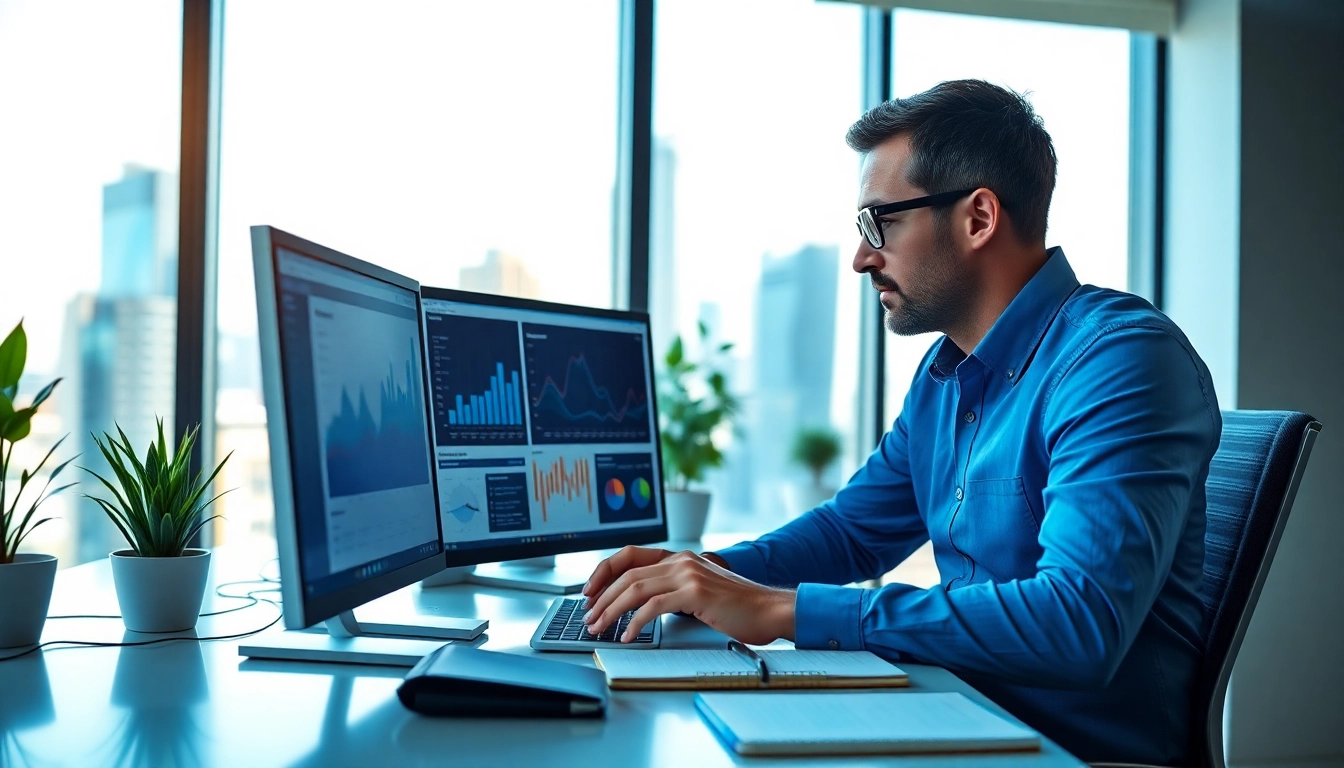 Analyze competitive intelligence strategies with focused data analyst in modern office.