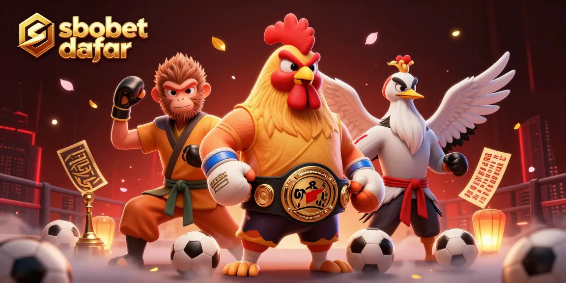 Engage in sbobet daftar betting strategies with dynamic 3D illustration of Muay Thai rooster, monkey martial artist, and crane master.