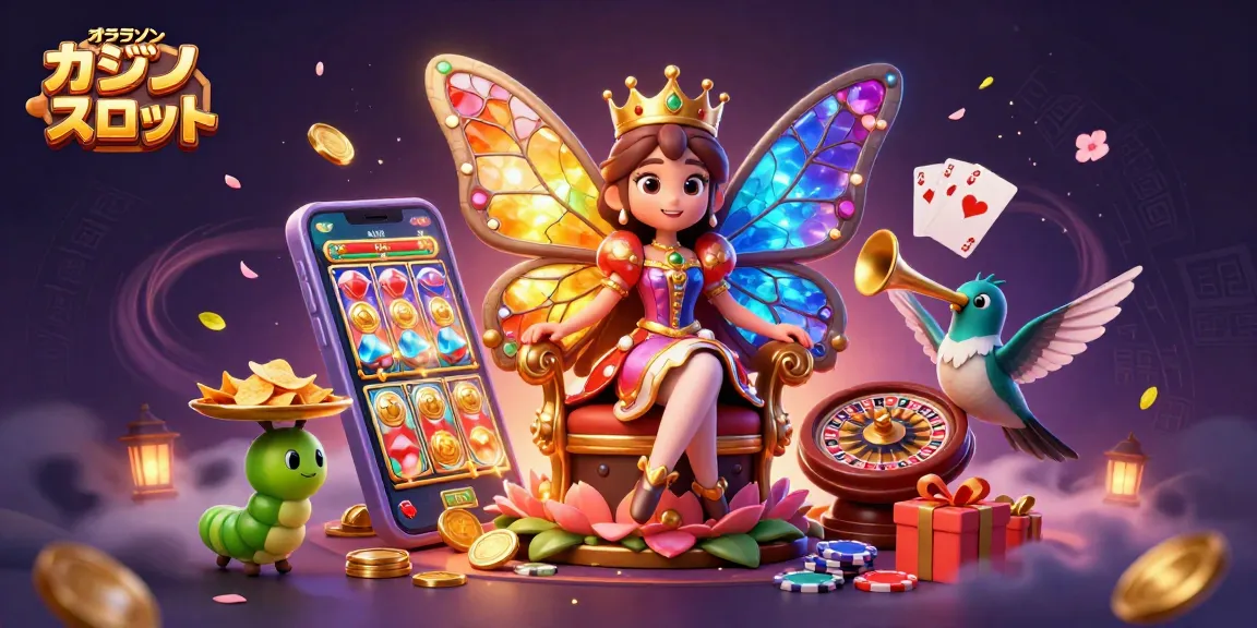 オンライン カジノ スロットでスロットゲームを楽しんでいる蝶の女王の3Dイラスト。