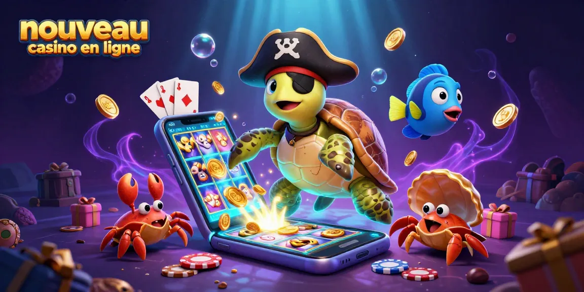 Visuel captivant sur un nouveau casino en ligne avec une tortue pirate et un crabe hermite flottant parmi des trésors, offrant une expérience ludique.