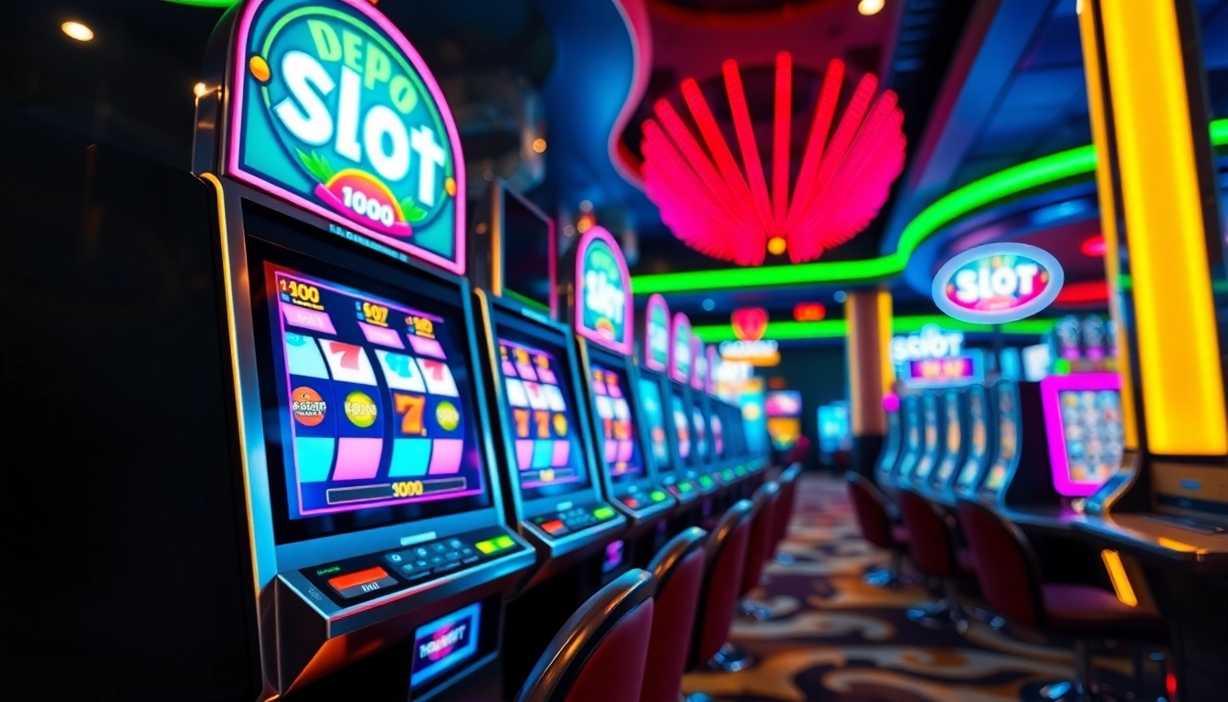 Menariknya slot depo 1000 ditampilkan di mesin slot dengan latar belakang neon yang berkilauan.