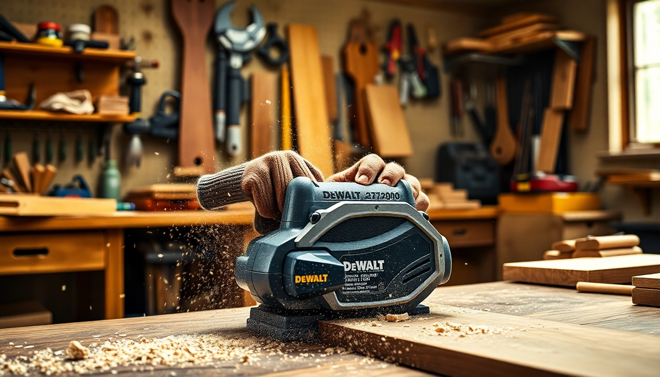 Craftsman operating DeWalt D27300 planer, showcasing precision and high-quality wood finishing.