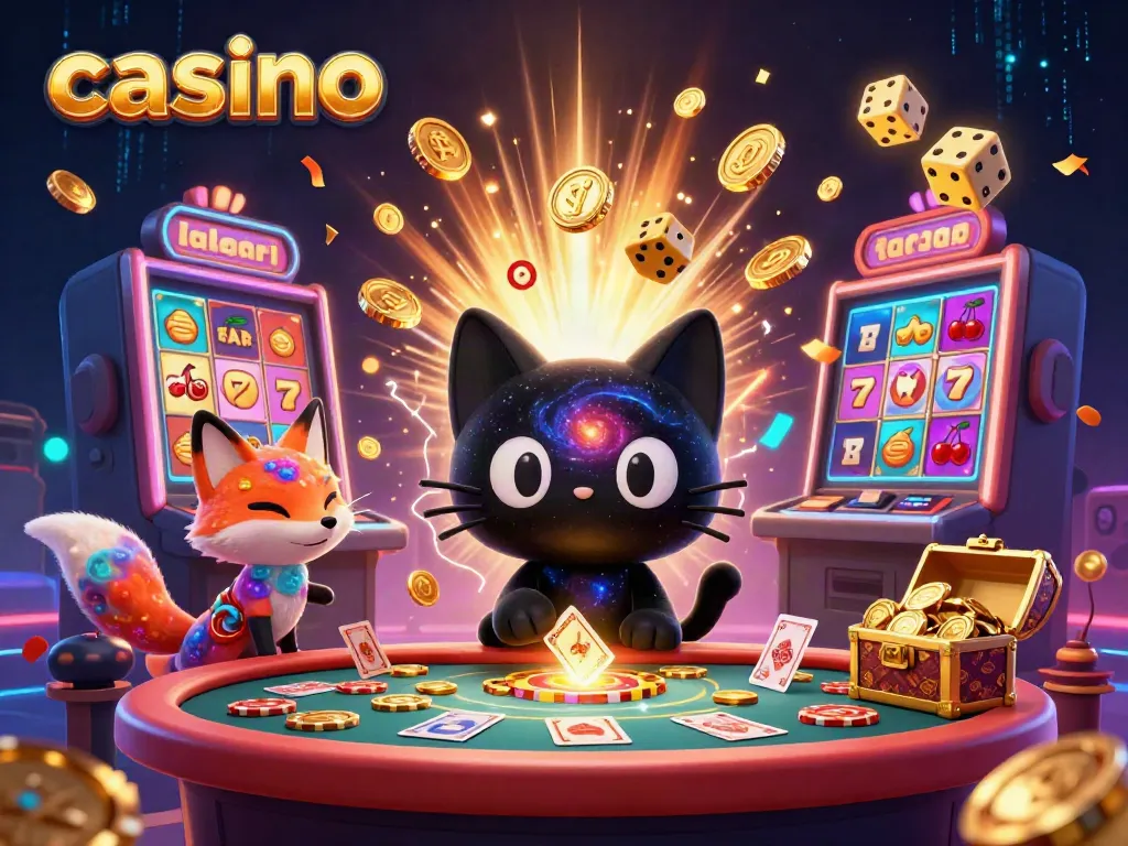 Experience the excitement of a casino with a cosmic twist, featuring a black hole cat amidst a jackpot explosion.