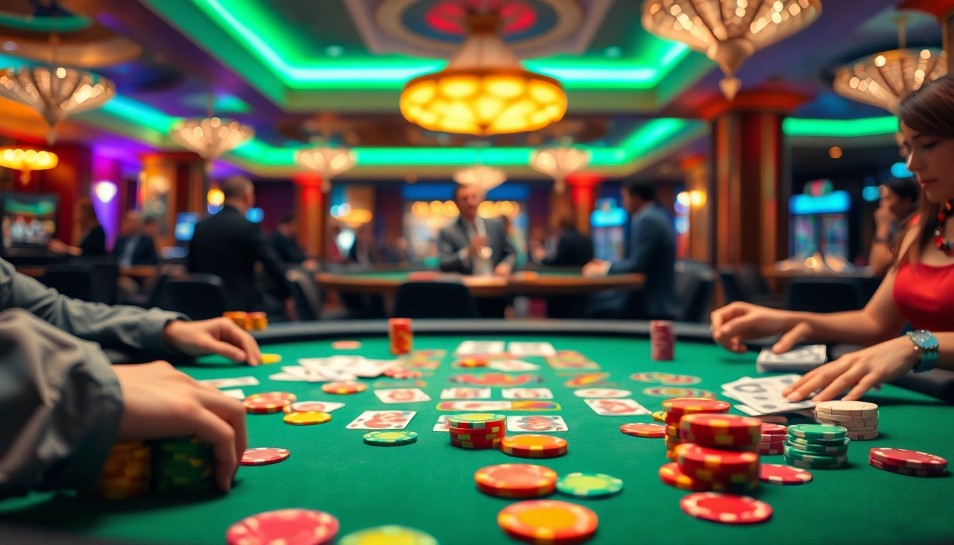 Menggambarkan suasana situs toto di kasino dengan meja permainan dan chip warna-warni.