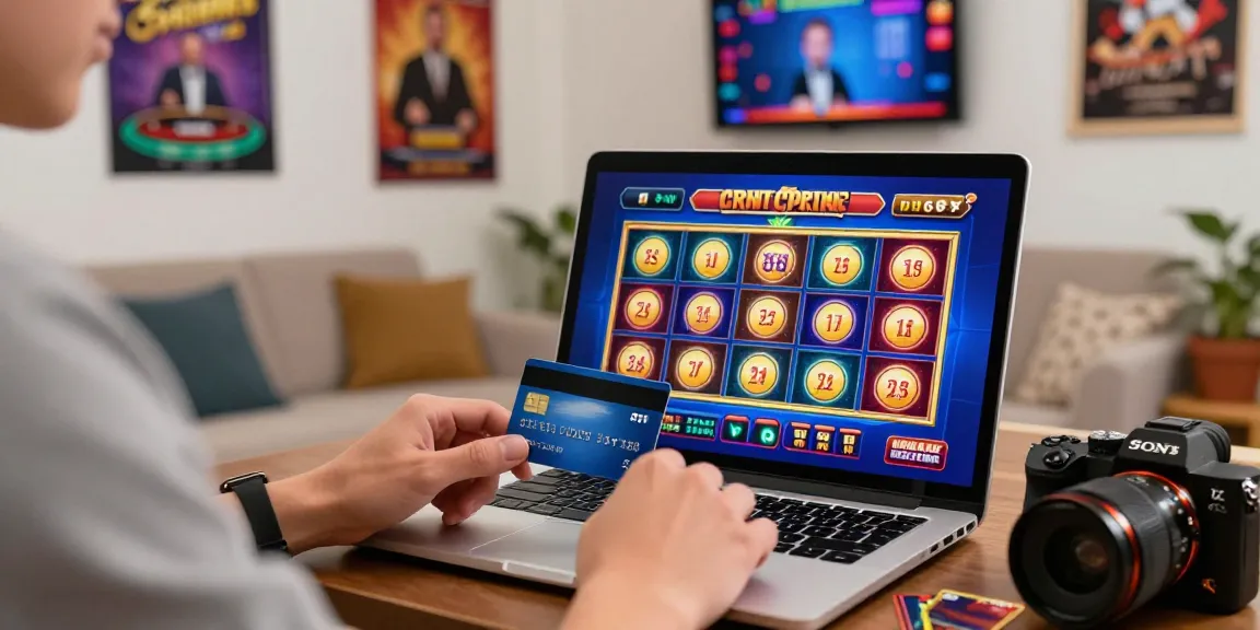 Player using credit card to deposit at online credit card casinos in cozy home setting.