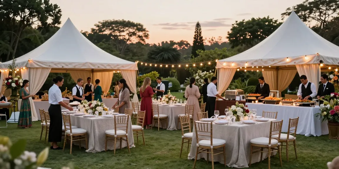 Event rentals showcasing elegant outdoor setups with luxurious tents and decor