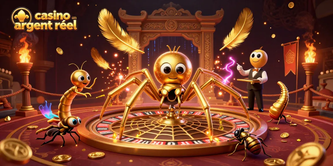 Admirez la scène captivante du casino en ligne argent réel où une araignée dorée et un croupier mille-pattes s'affrontent dans un univers enrichi.