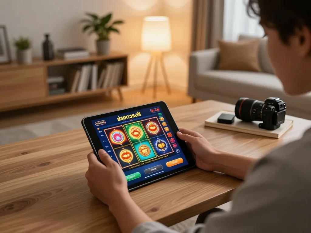 Engaging in สล็อตวอเลท online gaming from a cozy home setup, featuring vibrant graphics and betting options