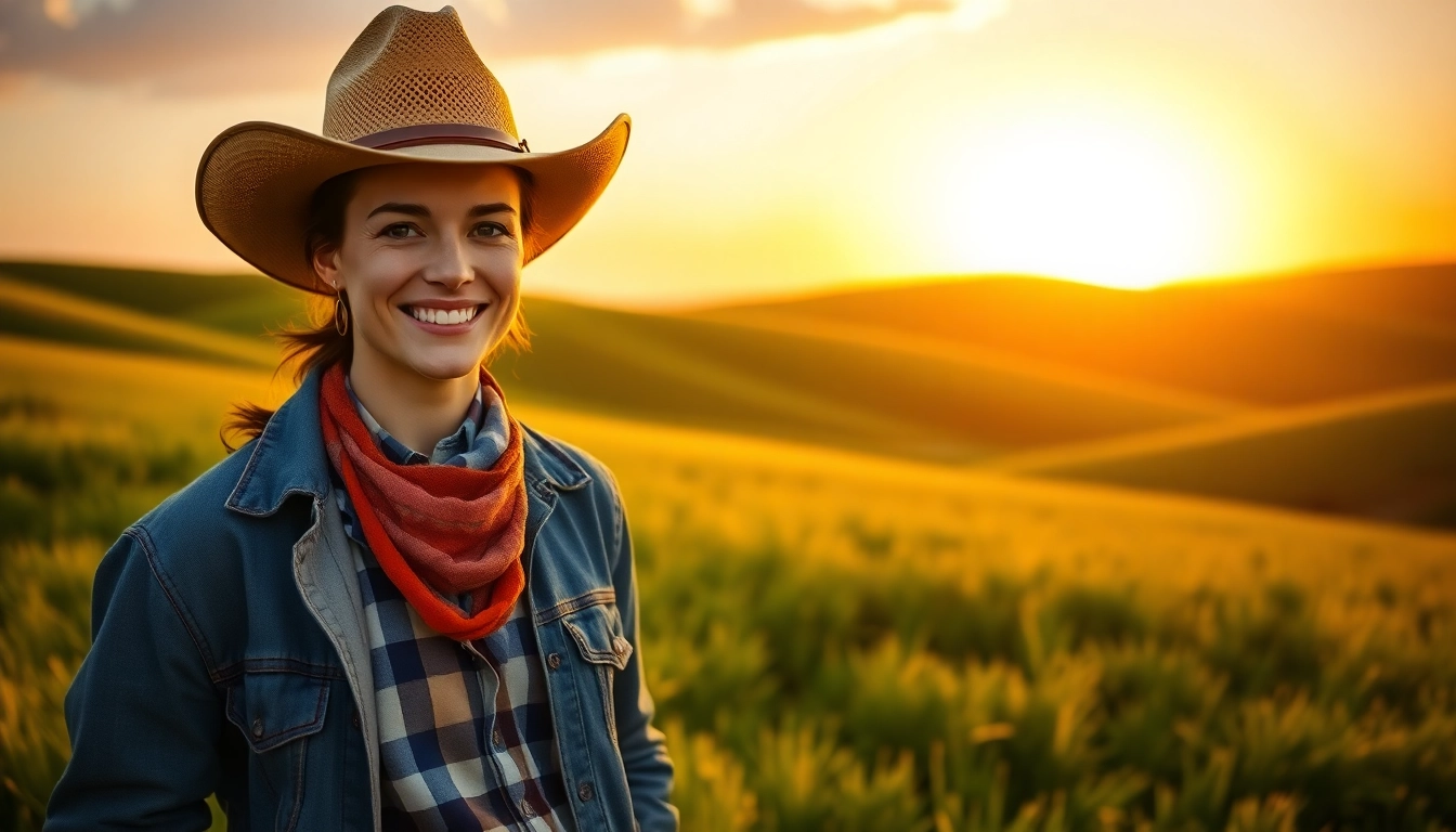 Model showcasing stylish ranch wear Canada in a vibrant outdoor setting with a cowboy hat.